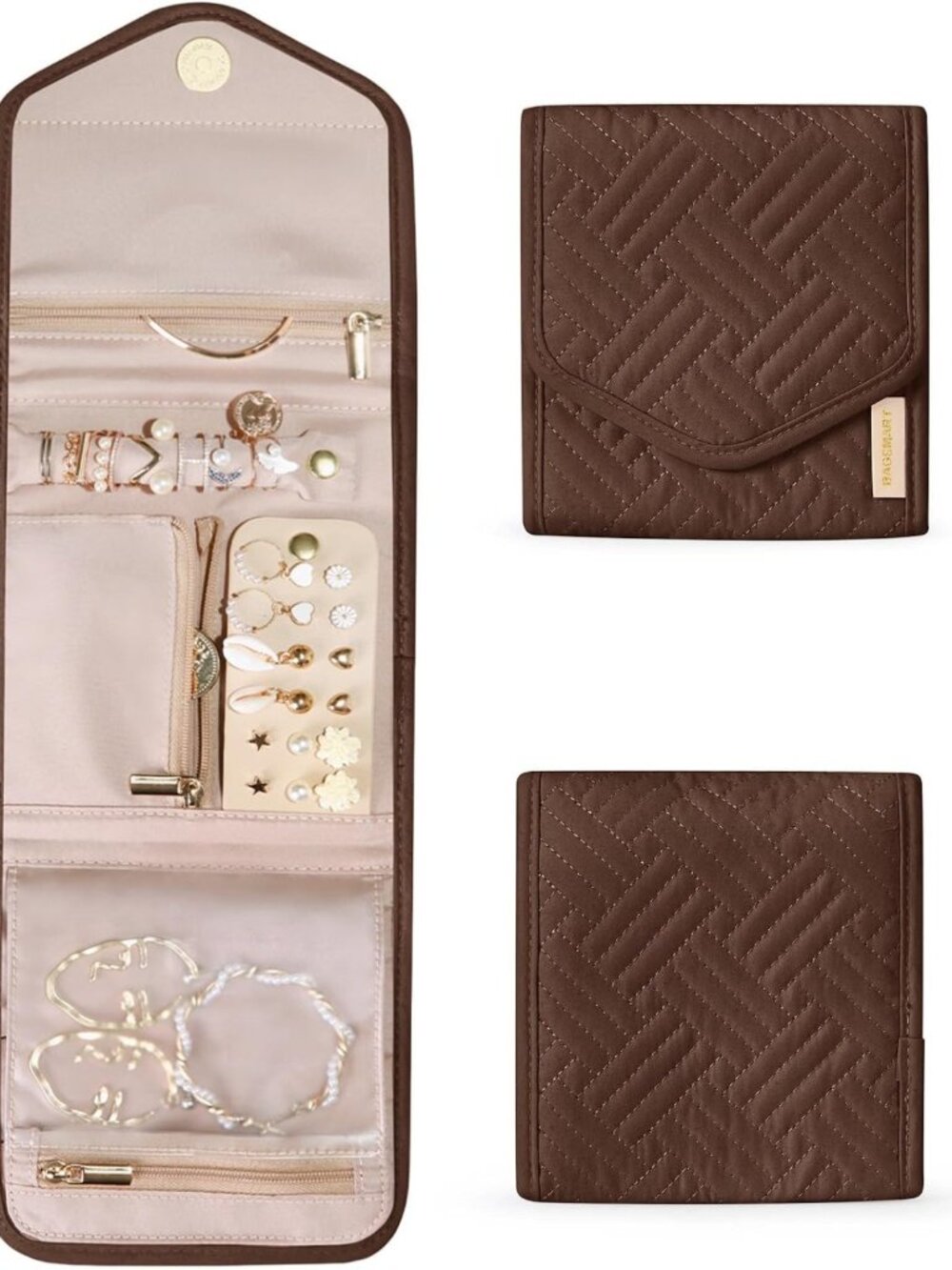 Foldable Travel Jewelry Organizer Case, Coffee Brown - Perfect for Accessories